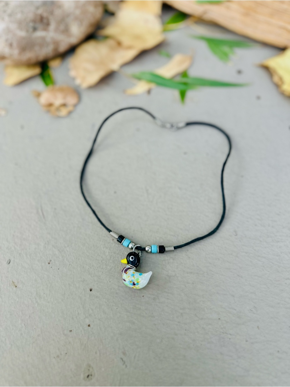 Black Cord Necklace with Colorful Glass Duck Pendant